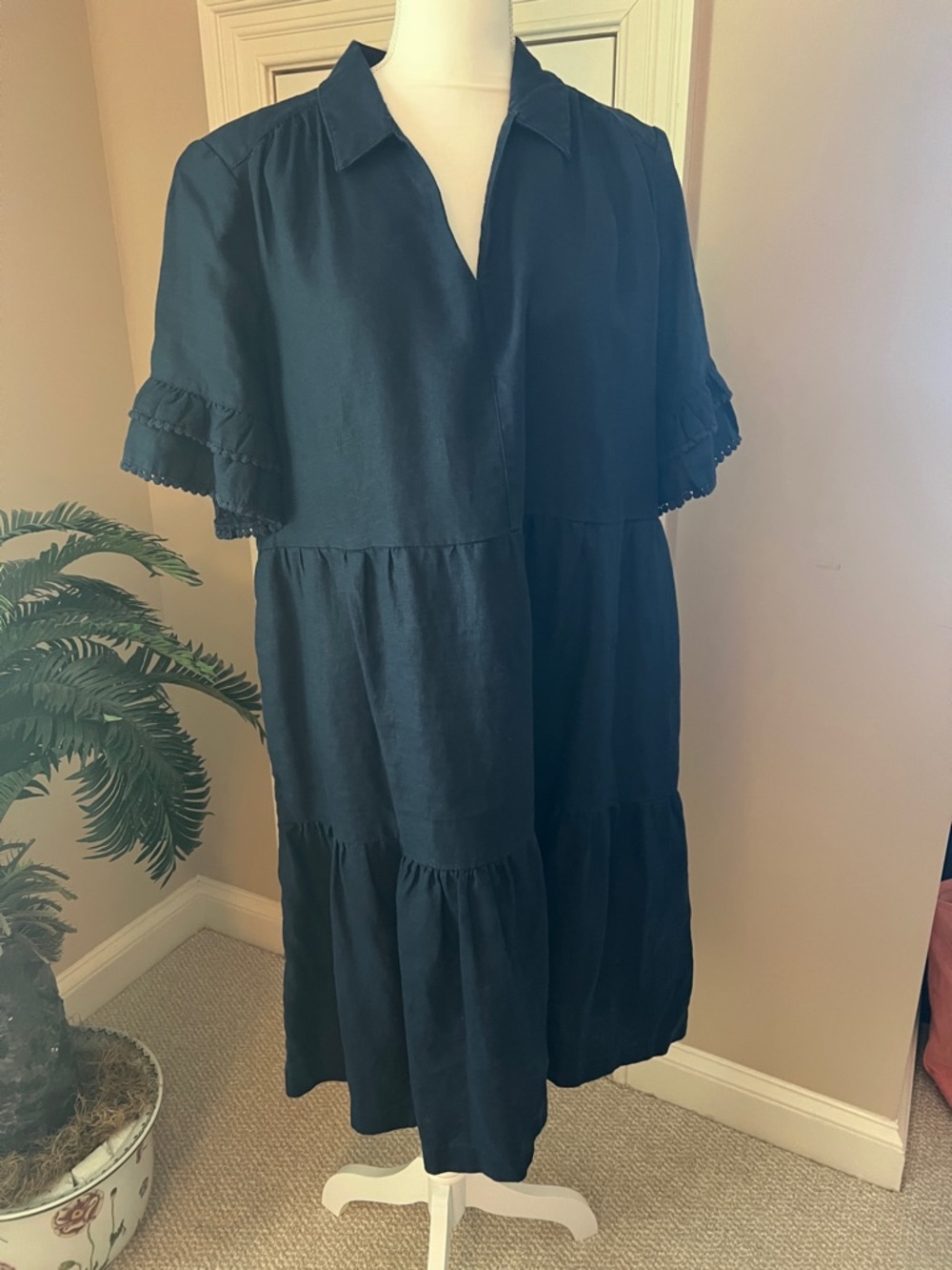 Chico's Navy Tiered Midi Linen Dress with Ruffle Sleeves Pockets Size 2.5
